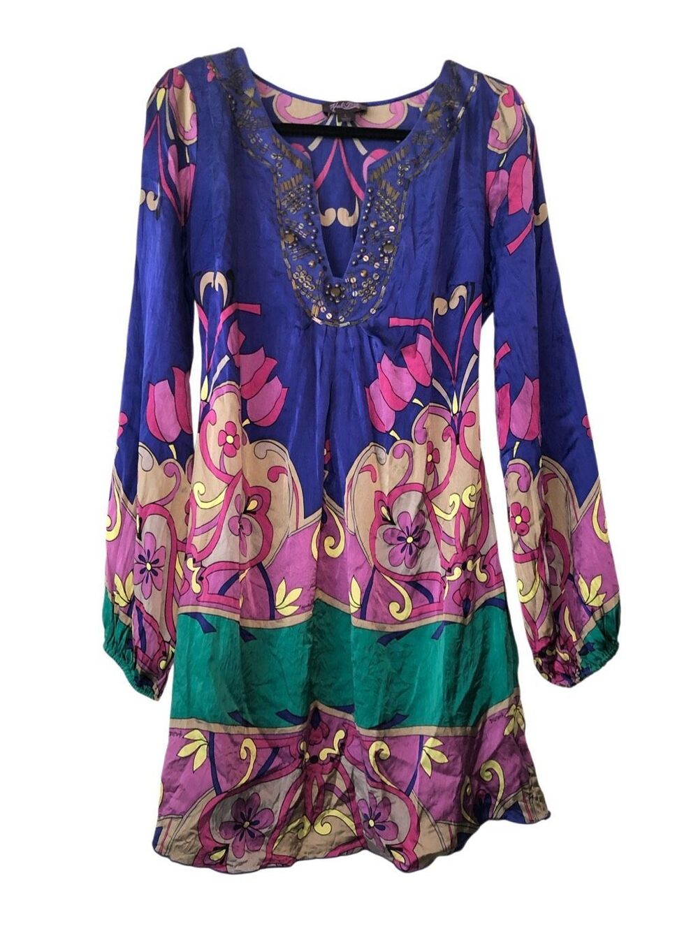 Hale Bob Boho Tunic Dress L Floral Paisley Embellished V Neck Mini Psychedelic - Picture 2 of 10